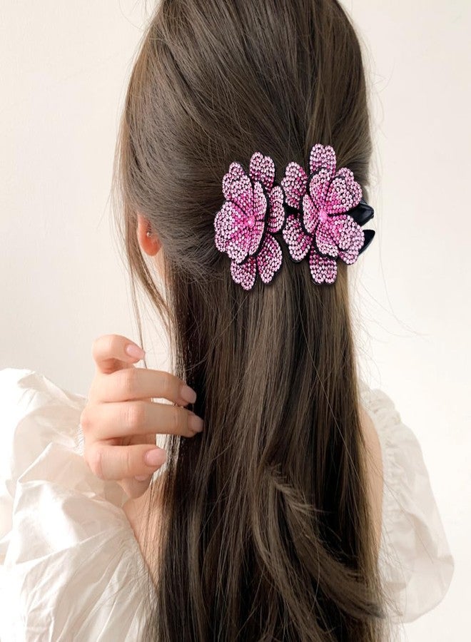 Dizila 4 Pieces Fancy Sparkly Rhinestone Double Flower Hair Clips Barrettes with Three Prongs Prom Party Wedding Hair Accessories for Women Girls Thick Hair - Image 2